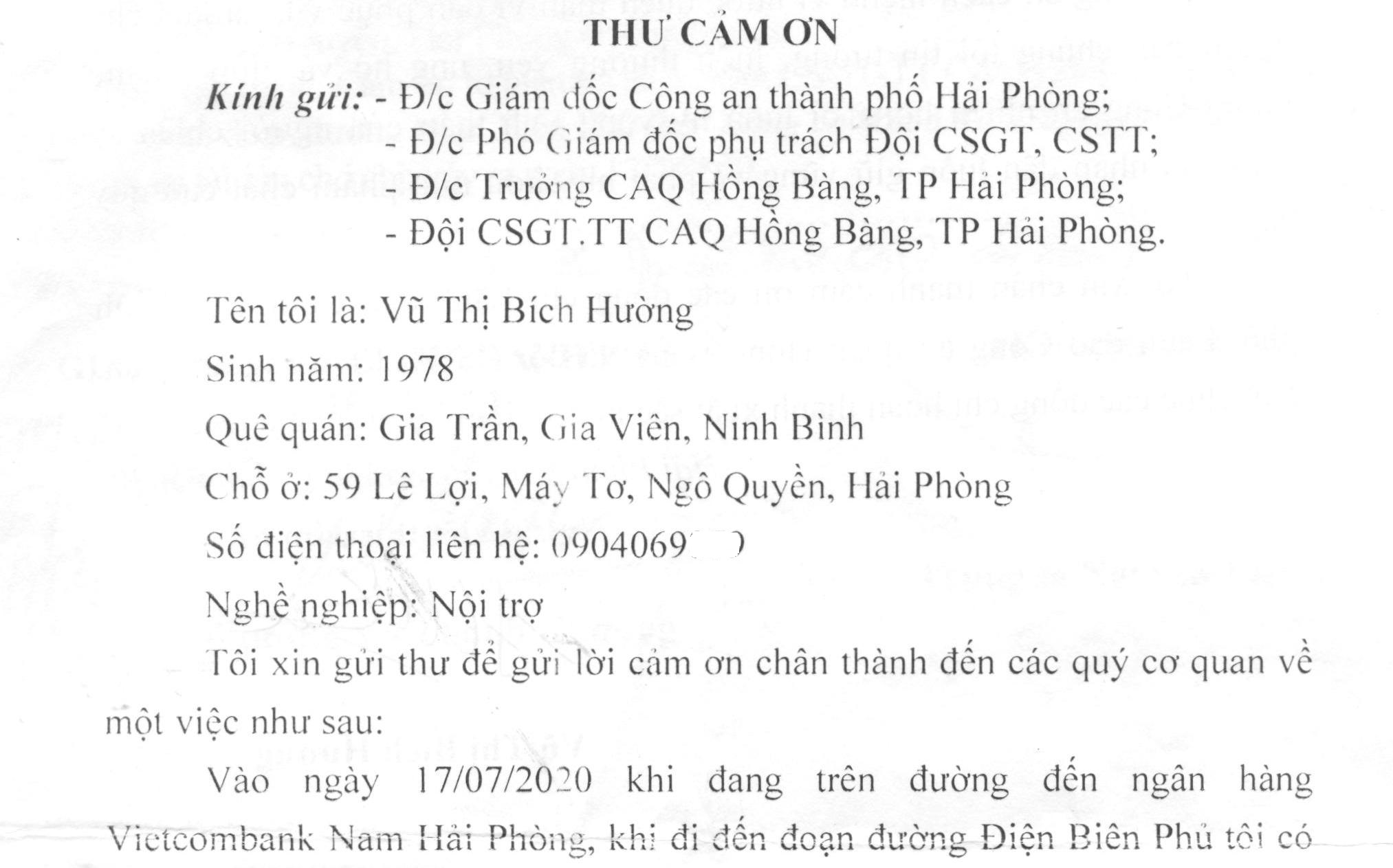 Chị Vũ Thị Bích Hường gửi thư cảm ơn về việc được trao trả tài sản bị rơi